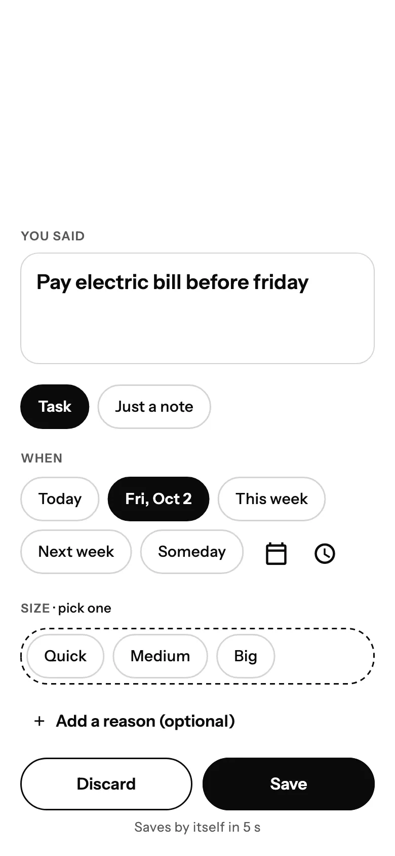The capture card for “Pay electric bill before friday”: marked as a task, when Fri, Oct 2, with size to pick, and Save.