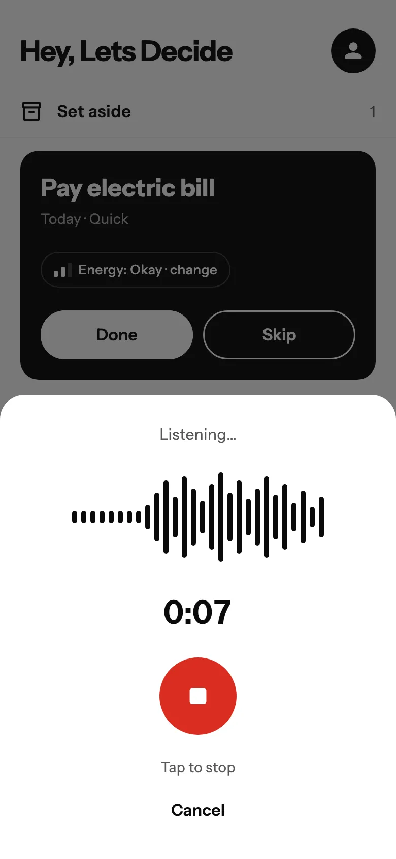 The recording sheet over the list: Listening, a sound wave, 0:07 and a red Stop button.