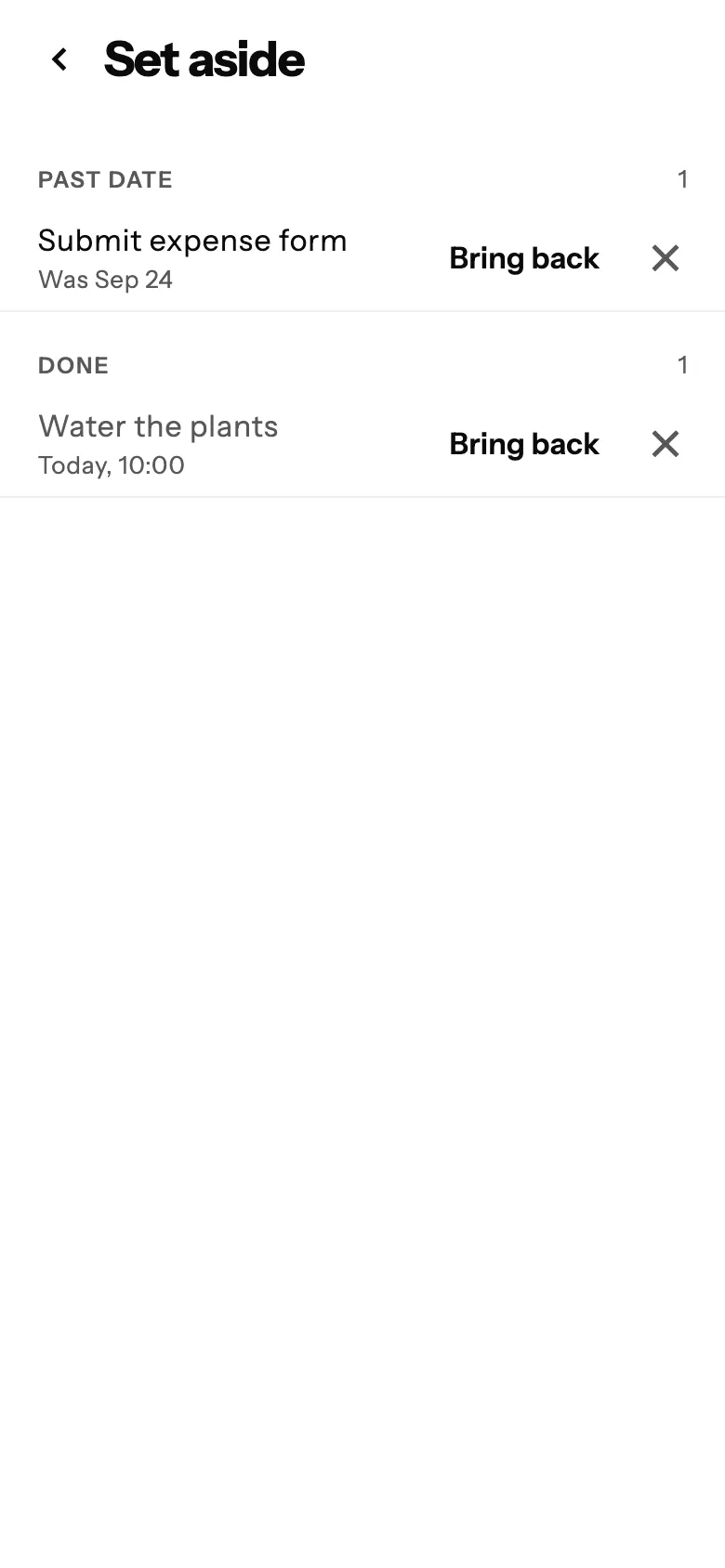 The Set aside screen. Under Past date: Submit expense form, was Sep 24, with Bring back. Under Done: Water the plants.